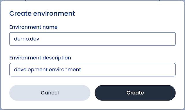 Environment creation screen with fields for name and description